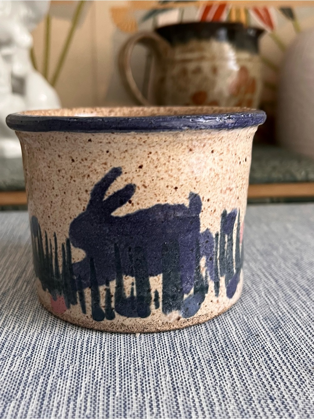 Studio pottery handcrafted ceramic mini crock bowl speckled glaze with rabbit